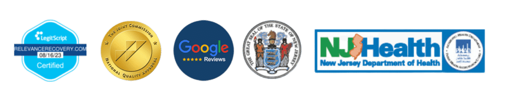 Credential Badges of Relevance Recovery including NJ Department of Health, Google Review, etc.