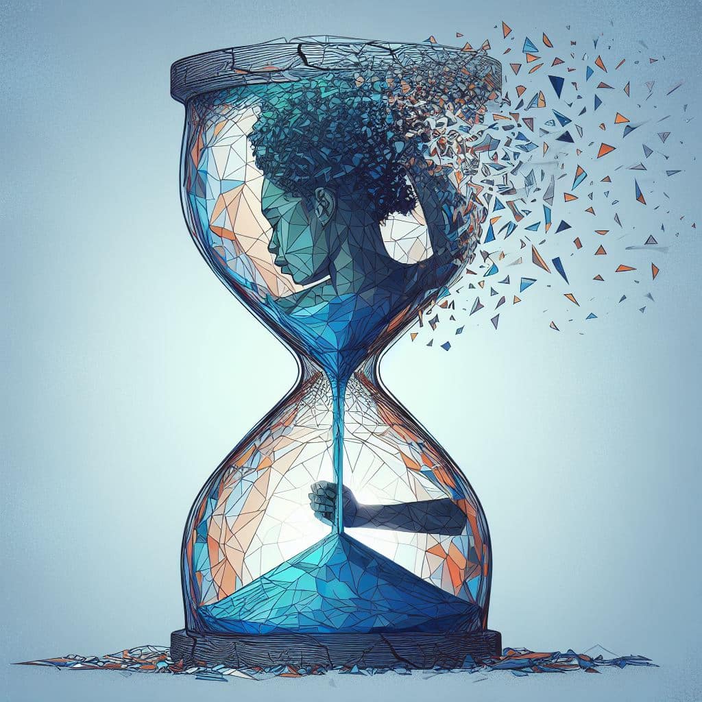 An image of an hourglass that is shattered or cracked to symbolize the disruption of time and the lasting impact of trauma on a person's perception of past, present, and future. Each fragment represents a stage in the journey through PTSD.