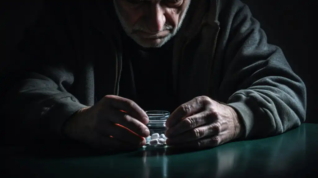 Depressed person looking at Meth pills
