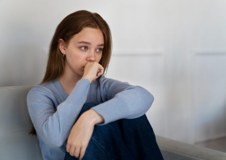 Side view worried woman with OCD sitting on couch