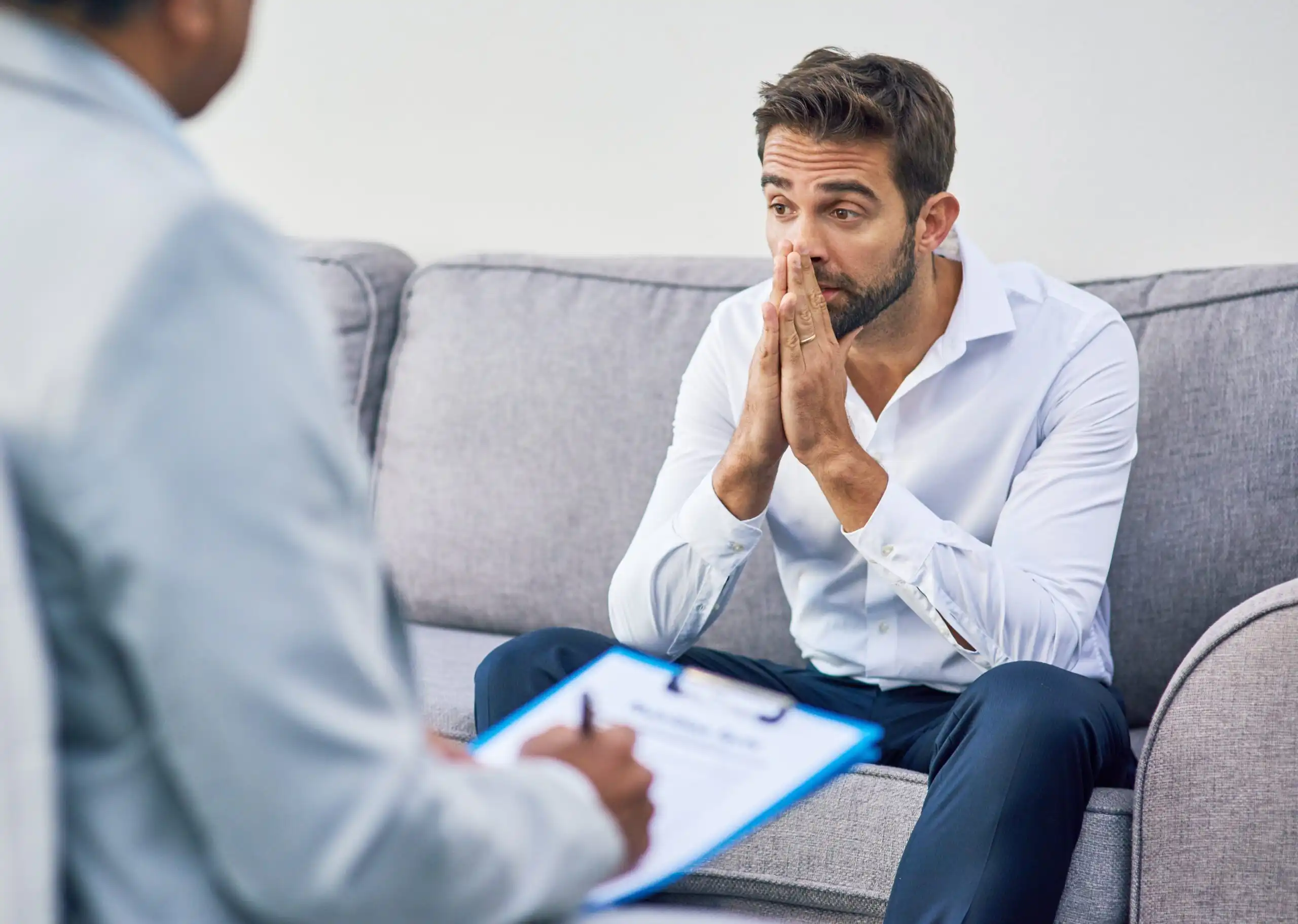 Man,,Depression,And,Doctor,For,Therapy,In,Office,,Psychologist,Consultation
